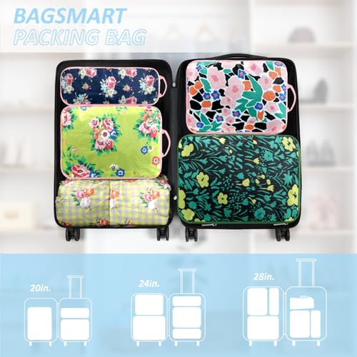7 Piece Travel Compression Packing Cubes - Gingham Floral | Foldable Toiletry Kit, Efficient Suitcase Packing, Carry-On Compatible Travel Essentials with Lovely Flower Print, Green - color: Black-1