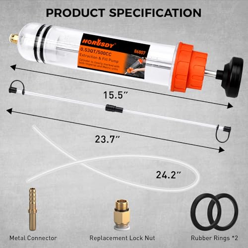 500CC Fluid Extractor and Fill Pump, Manual Oil Syringe Suction Pump with Long Hose and Extension Tubes, Automotive Fluid Transfer Pump for Oil, Brake Fluid, Coolant, Gear Oil, Cars, Boats, Lawn Mower - size: 500ML with Hose