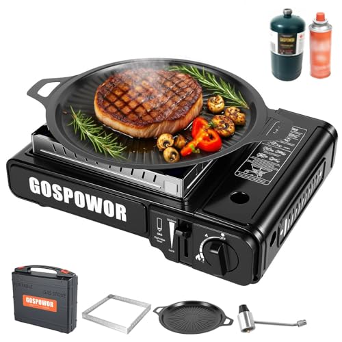 Propane or Butane Stove, Dual Fuel Propane Stove for Camping, 10,000 BTU Automatic Ignition Portable Gas Stove with Carrying Case & Windblocker & Griddle for Hiking(Fuel Not Included) - color: Pure Black