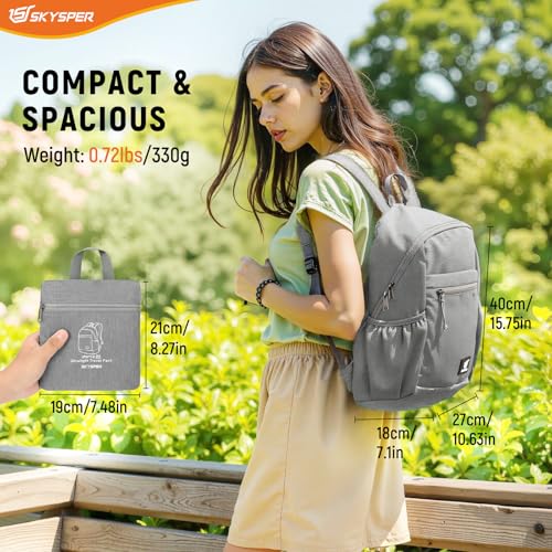 SKYSPER Anti Theft Hiking Backpack, 20L RFID Packable Travel Daypack, Lightweight Foldable Back Pack for Walking Daytrip - color: Grey, size: Medium