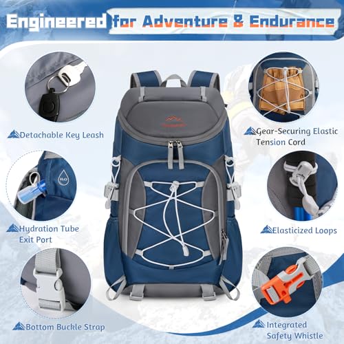 RAINSMORE Foldable Hiking Backpack for Women Men Packable Camping Backpack 40L Waterproof Hiking Daypack Bag Lightweight Collapsible Daypack for Travel Trekking Mountaineering Large Capacity Blue - color: Dark Blue and Grey