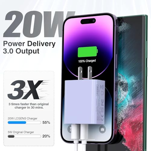 iPhone 16/15 Charger, USB C [3 Pack] Dual Port QC + PD Wall Charger Block With USB A Quick Charging Brick Plug for Apple iPhone 16/16 Pro Max/16 Plus/15/14/13/12/11/X/iPad - Purple - color: Purple