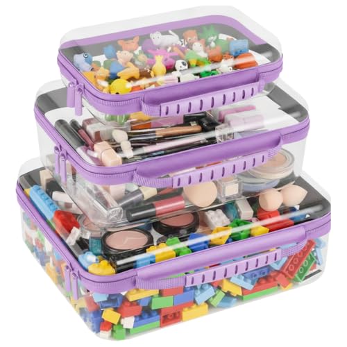 3 Pack Deep Clear Hard Shell Zipper Cases with Handle (Purple) | Travel Toiletry Bag, Waterproof 1.2mm PET Hard Plastic Pouches, Organizer Box for Makeup, Toy, Snack, Stationery, Diaper - color: Purple Handle(L+M+S)