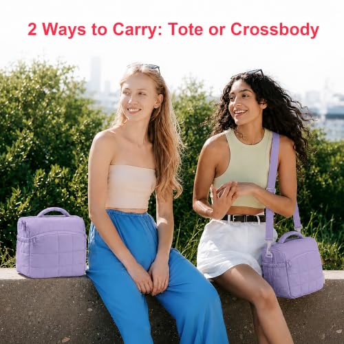 Insulated Lunch Bag for Women, Quilted Leakproof Lunch Tote with Shoulder Strap, Wide Opening Reusable Cooler Bag for Work, Office, Picnic & Travel (Lavender) - color: Lavender
