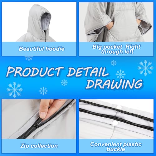 Preboun Thermal Poncho Wearable Hooded Blanket Winter Poncho Wearable Sleeping Bag Water Resistant Windproof for Men Women - color: Red,khaki