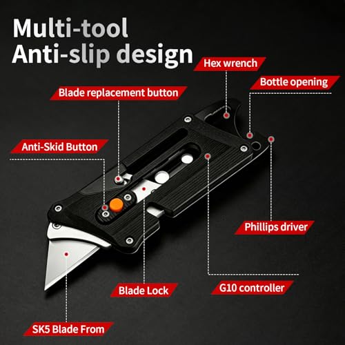EDC Slide Utility Knife With Bottle Opener Hex Wrench Safety Lock Quick Change Mechanism 5 Extra SK5 Replacement Blade Lightweight Black G10 Handle Multitool Box Cutter Men Father Diy Gift Choice