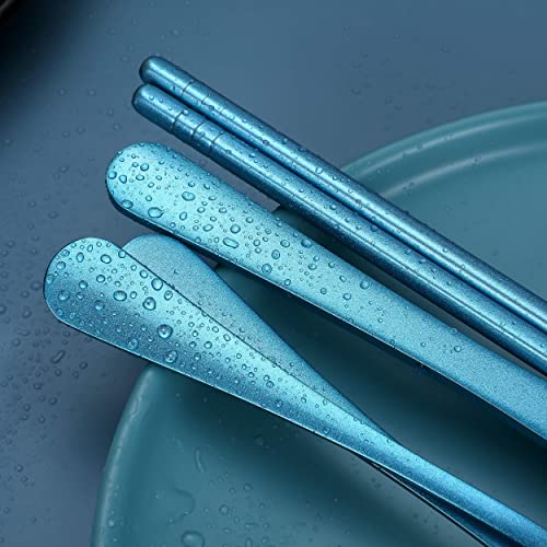 Portable Stainless Steel Flatware Set, Travel Camping Cutlery Set, Portable Utensil Travel Silverware Dinnerware Set with a Waterproof Case (Light Blue) - color: Light Blue