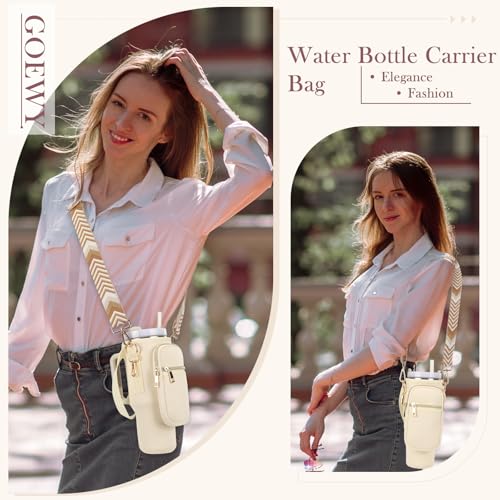 GOEWY Water Bottle Carrier Bag for Stanley Cup 40/30oz with Phone Pockets - color: Cream（Upgraded with Gift Box）, size: 40oz