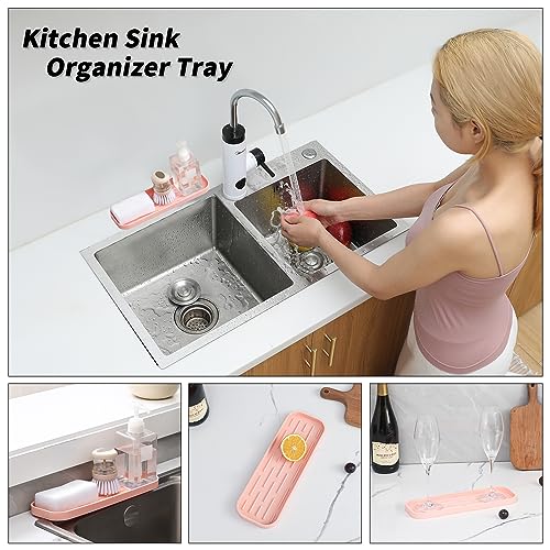 MicoYang Silicone Kitchen Sink Organizer Tray for Multiple Usage,Easy Clean,Eco-Friendly Sponges Holder for Kitchen Bathroom Counter or Sink,Dish Soap Dispenser,Scrubber,Bottle,Cup Pink 12" x 4” - color: Pink, size: 12" x 4" x 0.7"