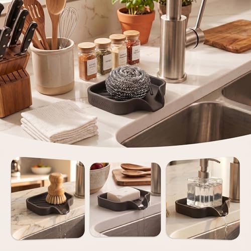 MicoYang Silicone Soap Dish with Drain Spout, Self-Draining Sink Organizer Tray for Bathroom and Kitchen, Sponges, Dispensers and Soap Holder, Non-Slip and Dishwasher Safe, Coffee (Compact, 4.9"×3.2") - color: Coffee, size: S(4.9"×3.2")