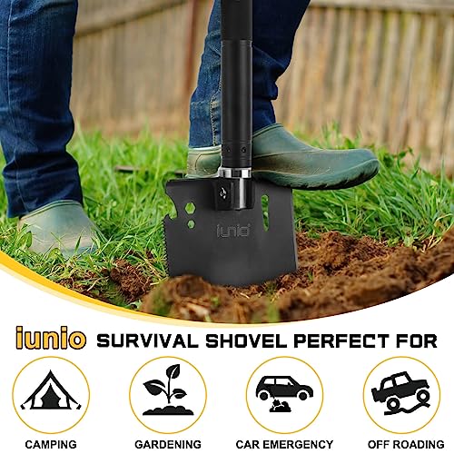 iunio 28in Folding Survival Shovel, Heavy-Duty Carbon Steel Military Shovel, Entrenching Tool for Disaster Recovery, Car Emergency, Camping, Off-Road, Gardening, Backpacking, and Metal Detecting - size: 28in Military E-tool