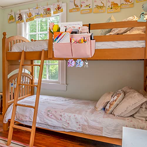 Bedside Caddy Organizer 5 Pockets and 4 Hooks for Bunk Bed Pink - color: Pink