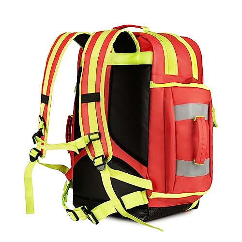 Scherber Fully-Stocked Premium First Responder Backpack | EMT/EMS Medic Trauma & Oxygen Medical Professional Kit | Bag w/ 4 Color-Coded Removable Pouches, O2 Storage, & 250+ First Aid Supplies - Red - color: Red