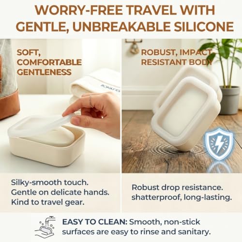 AIMAIAIMAI Compact Leakproof Travel Soap Case, Shatterproof Silicone Travel Soap Container with Draining Pad, Great for Outdoor, Camping, Gym (Off-White) - color: Off-white
