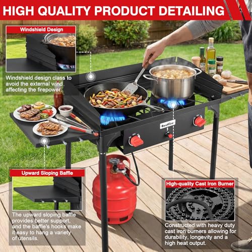 Bestfire 2 Burner Propane Stove, 150,000 BTU High Pressure Camping Burner | with Windscreen, Side Shelves, Removable Legs, CSA Certified for Outdoor BBQ Backyard Cooking - style: 2 burner with windpanel