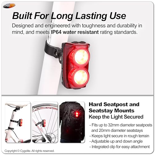 Cygolite Hypershot 350 Lumen Bike Tail Light– 7 Night & Daytime Modes–User Adjustable Flash Speeds- Compact & Durable–IP64 Water Resistant–Saddle Rail Mount Version–USB Rechargeable - style: 350 Lumens, Standard Seatpost Mount