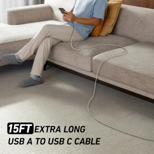 Extra Long USBC Cable 15FT, Type C Cable Fast Charging Cord USB C Charger | Durable Heavy Duty Phone Charger Cable for iPhone 17 16 15, iPad Pro, Air, Mini, Samsung Galaxy S26, Z Flip 7, Pixel - Silver - color: Silver, size: 15 FT - 1 Pack, style: USB A t