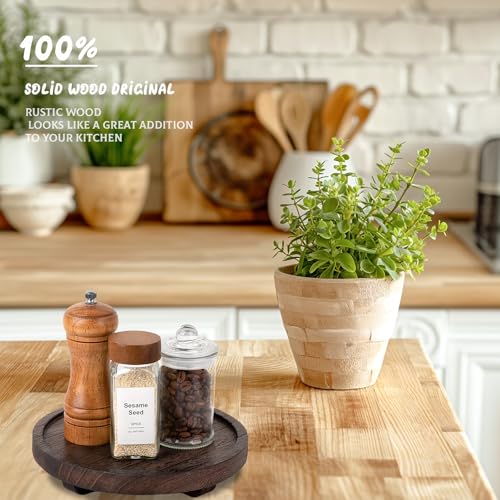 Round Decorative Tray Farmhouse Kitchen Decor Soap Dish, 8" Bark Brown | Waterproof, Lightweight, Easy Clean, Wood Riser Pedestal Stand Accessories for Office Desk, Vanity, Counter, Sink - color: Dark Brown, size: 8"