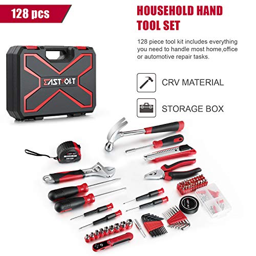 Eastvolt 128-Piece Home Repair Tool Set, Tool Sets for Homeowners, General Household Hand Tool Set with Storage Toolbox, EVHT12801, Black + Red (ASK01) (Pack of 5) - size: 128 (Pack of 5), style: Tool Set