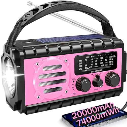 NOAA Weather Radio, 20000mAh Emergency Portable Radio, Hand Crank & Solar - color: 20000mAh Pink