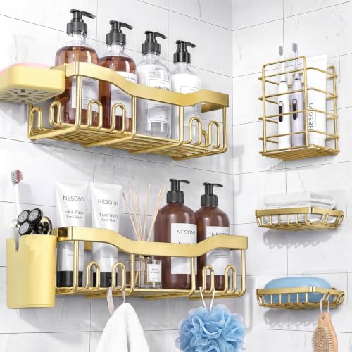NESOMI Shower Caddy Adhesive Shower Organizer 7-Pack, Rustproof Stainless Steel Bathroom Shelves, Large Capacity No-Drill Rack Storage Accessories with Soap Dish Toothbrush Holder Hooks - color: Gold, size: 7-Piece Set
