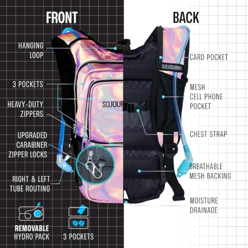 Sojourner Hydration Pack, Hydration Backpack - Water Backpack with 2l Hydration Bladder, Festival Essential - Rave Hydration Pack Hydropack Hydro for Hiking, Running, Biking, Festival Gear - color: Holographic - Pink