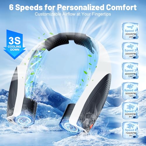 Portable Neck Fan with 6 Powerful Speeds, 8000mAh Battery Rechargeable Fan - color: Black-White