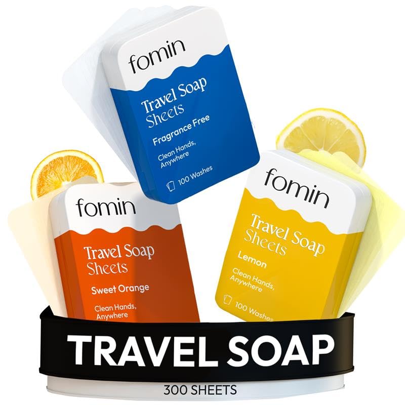 FOMIN - Paper Soap Sheets Tin for Traveling - 300 Variety (Unscented, Orange, Lemon) Portable Travel Hand Soap Sheets, Dissolvable Mini Camping Hand Soap for Hand Washing and Camping - color: Variety Pack-002 (Unscented, Orange, Lemon)