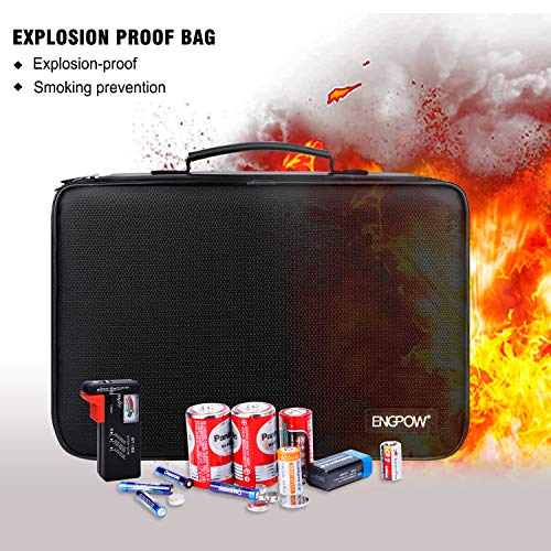 ENGPOW Battery Organizer Storage Box w/Tester,Protects Up to 220 Batteries | Fireproof,Water-Resistant,Explosionproof,Portable Battery Vault Carrying Case with Handle & Zipper, Safe for Home,Garage,Car