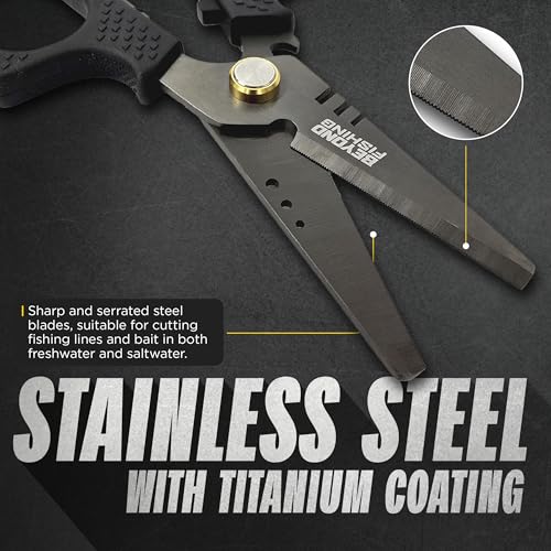 Beyond Fishing 6.5" Pro Fishing Shears Dual Serrated Blades, Fishing Braided Line Scissors with Titanium Coating, Non-Slip Grip & Multifunction Tool, Includes Hard Molded Locking Sheath - color: Pro - Black