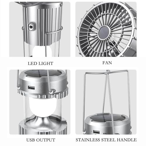 Camping Lantern with Fan, Flashlight Lantern Collapsible-USB Rechargeable, Solar & Battery Powered Camping Lampp for Picnic, Barbecue, Fishing, Travel Rechargeable Emergency Light (2Pack Sliver) - color: 2Pack Sliver