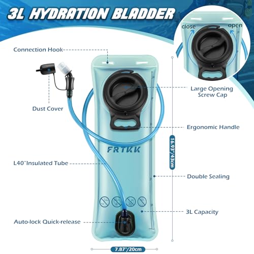 FRTKK 2L/3L Hydration Bladder, Leak Proof Water Bladder for Hydration Pack, BPA Free Wide Opening Ergonomic Shape Water Reservoir for Running Hiking Cycling Camping - color: Blue - 3L