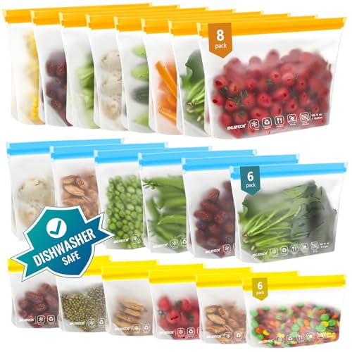 IDEATECH 20Pack Reusable Bags Dishwasher Safe, Leakproof Reusable Freezer Bags, BPA Free Healthy Food Storage Contaizers Sandwich Snack Baggies for Lunch Travel(8 Gallon 6 Quart 6 Snack,Colored) - color: Multicolor