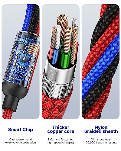 Multi Charger Cable, Fast Multi Charging Cord 3 in 1 Nylon Braided Multiple USB Universal Charging Cable for Type-C, Micro USB, Cell Phones/IP/Samsung Galaxy/Ps/LG/Huawei/Kindle - color: Red, size: 3 in 1 4FT 2PACK