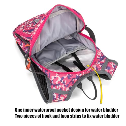 Kids Hydration Backpack, Water Hiking Backpack for Boys or Girls with 1.5L Reservoir Bladder - color: Rose Print
