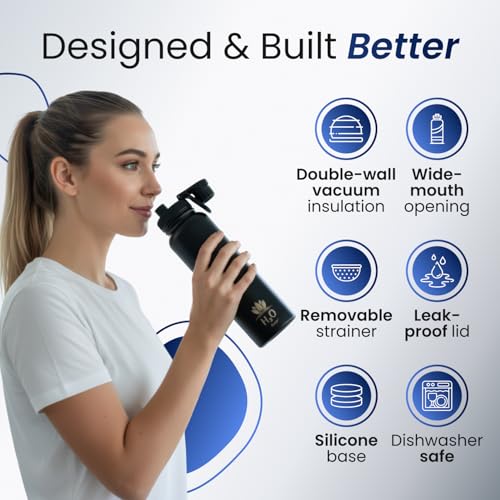 Premium 1 Liter Water Bottle (33.8 oz) with Carrying Case & Strap - Double Wall Vacuum Insulated Stainless Steel Water Bottle - Leakproof Lid, Wide Mouth, BPA-Free, Removable Strainer – Blue - color: Blue