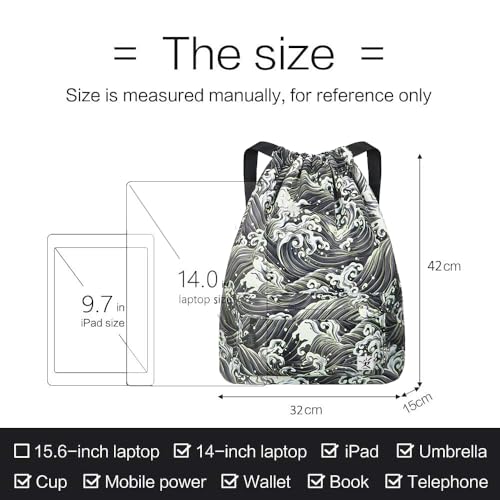Waterproof Drawstring Bag, Gym Bag Sackpack Sports Beach Backpack for Men Women - color: 03-black Wave