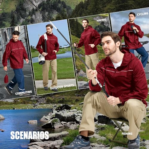 ZITY Mens Rain Jacket with Lining Waterproof Lightweight Rain Coats Packable Hooded Windbreaker for Hiking Golf Cycling - color: Red, size: X-Large