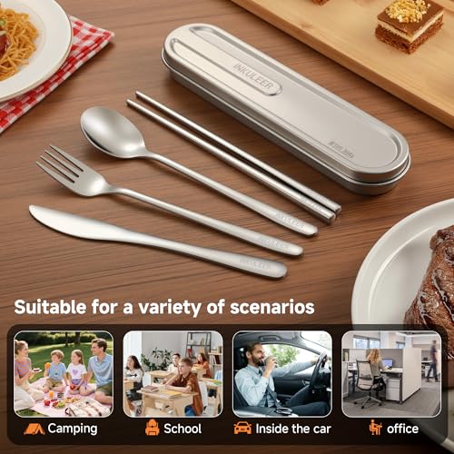 iNKULEER Travel cutlery set, 18/8 stainless steel cutlery, Reusable utensils set with case, Portable Silverware Lunch Box for Camping and Office-Stainless steel - color: Brushed Silver