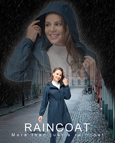 33,000ft Women's Waterproof Long Rain Coats Packable Rain Jacket with Hood Trench Coats Windbreaker - color: Dark Blue, size: Large