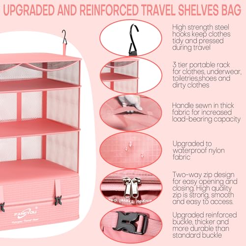 Compressible Packing Cubes Portable Hanging Closet Shelves 17"x12"x24" Extendable Travel Organizer Nylon Packing Bags for Suitcase - color: Pink