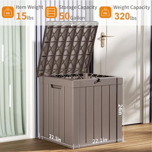 PatioZen 50 Gallon Resin Deck Box, Lockable Patio Outdoor Storage Box for Furniture, Garden Tools and Tools Storage, Waterproof Outside Storage Boxes - Grey - color: Grey, size: 50 Gallon