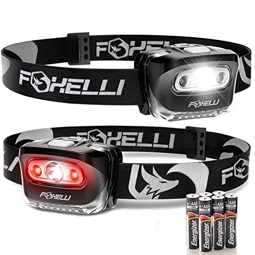 Foxelli LED Headlamp Flashlight for Adults & Kids, Running, Camping, Hiking Head Lamp with White & Red Light, Comfortable Headband, Lightweight & Waterproof, 3 AAA Batteries - color: 2-Pack Black