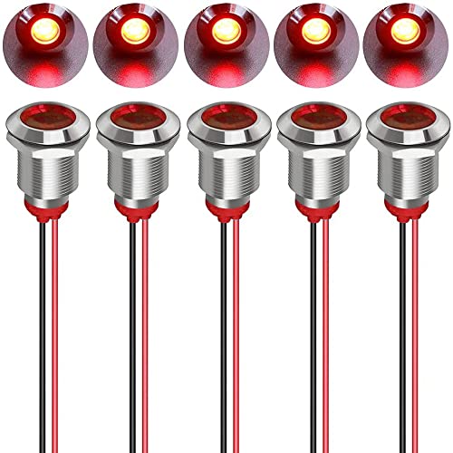 Gebildet 5pcs 12mm LED Metal Indicator Light AC/DC 12-24V Waterproof Signal Lamp Pilot Dash Directional with Wire(Red) - color: Red AC/DC 12-24V