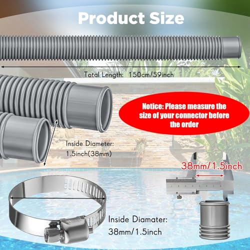 Upgrade 2 Pcs 1.5'' Diameter 59'' Length Swimming Pool Filter Hose with 4 Clamps 2 pcs 1.25 to 1.5 Type B Adapter 2 Replacement Hose Adapter W/collar for Pumps Above Ground Pools(Gray) - color: Gray