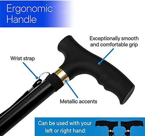 Folding Lightweight Walking Stick - Adjustable Aluminum Metal Collapsible Travel Cane with Non-Slip Rubber Base - color: Upgraded-Black