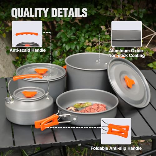 REDCAMP 6/10/11/12/14/15/19 PCS Camping Cookware Mess Kit Camping Gear Campfire Utensils Lightweight Stackable Pot Pan Bowls Soup Spoon with Storage Bag for Camping, Backpacking, Outdoor Cooking - style: Orange,25 Pcs W/Kettle