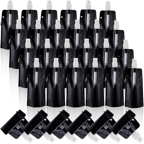 Teenyyou 24 Pack Collapsible Water Bottles Bulk 16oz Foldable Water Bottles with Carabiner Reusable Drinking Leak Proof Container Bags for Sport Biking Hiking Camping Travel Outdoor (Black) - color: Black