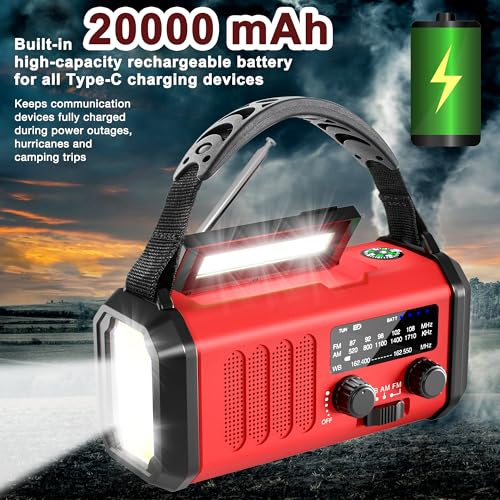 Emergency Radio NOAA Weather Radio Hand Crank & Solar Charging 20000mAh - color: Scarlet 20000mAh