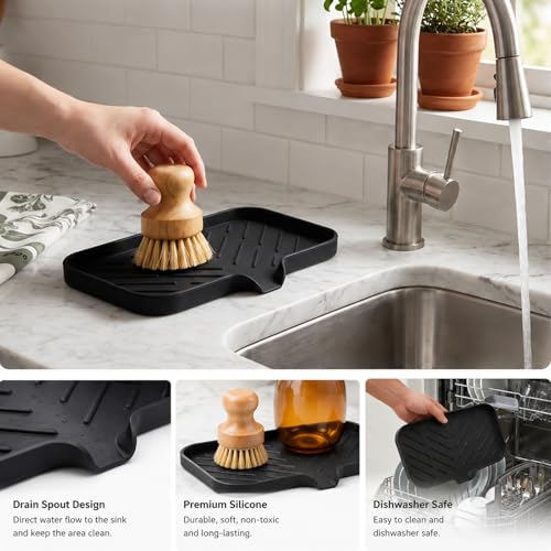 MicoYang Silicone Soap Dish with Drain Spout — Self-Draining Sink Organizer Tray for Bathroom & Kitchen, Sponges, Dispensers & Soap Holder, Non-Slip & Dishwasher Safe, Black (Medium, 9.6"×5.3") - color: Black, size: M(9.6"×5.3")